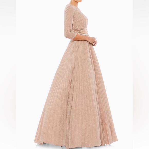MAC DUGGAL SHIMMERING PLEATED A-LINE 3/4 SLEEVE GOWN - ROSE GOLD - Picture 6 of 16